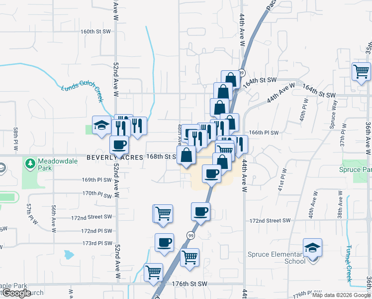 map of restaurants, bars, coffee shops, grocery stores, and more near 16725 48th Avenue West in Lynnwood