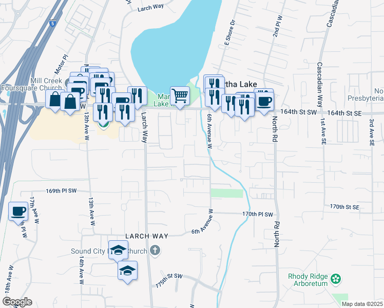 map of restaurants, bars, coffee shops, grocery stores, and more near 16626 6th Avenue West in Lynnwood