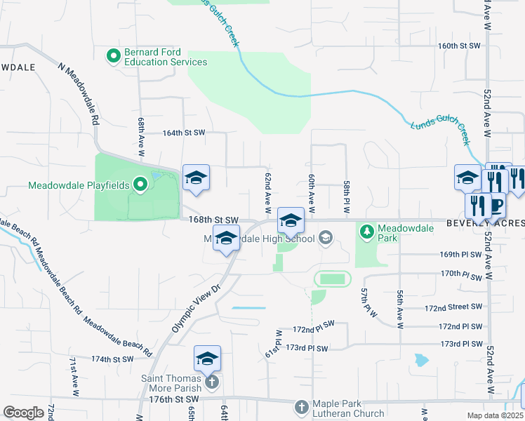 map of restaurants, bars, coffee shops, grocery stores, and more near 16718 62nd Avenue West in Lynnwood