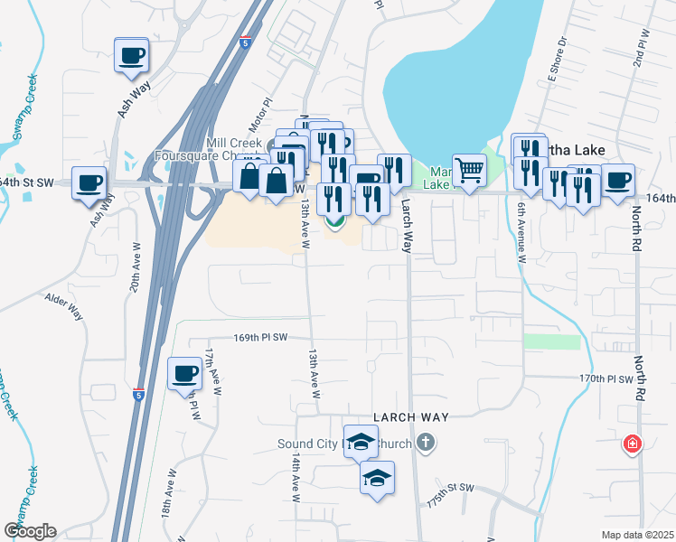 map of restaurants, bars, coffee shops, grocery stores, and more near 1214 167th Place Southwest in Lynnwood