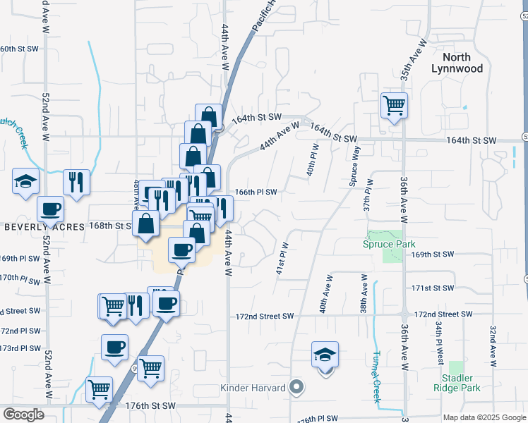 map of restaurants, bars, coffee shops, grocery stores, and more near 4210 Stonebridge Way in Lynnwood