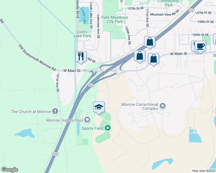 map of restaurants, bars, coffee shops, grocery stores, and more near 16651 167th Avenue Southeast in Monroe