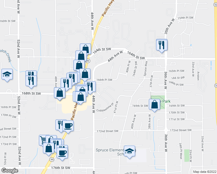 map of restaurants, bars, coffee shops, grocery stores, and more near 4252 Fieldstone Drive in Lynnwood
