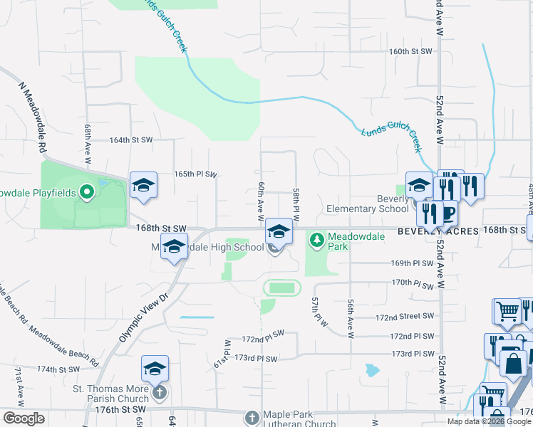 map of restaurants, bars, coffee shops, grocery stores, and more near 16716 60th Avenue West in Lynnwood