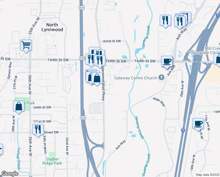 map of restaurants, bars, coffee shops, grocery stores, and more near 16727 Alderwood Mall Parkway in Lynnwood
