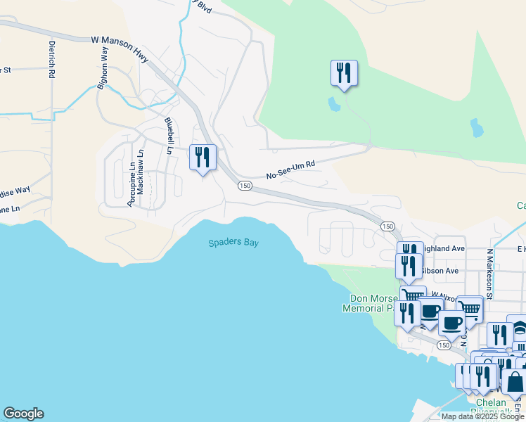 map of restaurants, bars, coffee shops, grocery stores, and more near 112 Spader Bay Road in Chelan