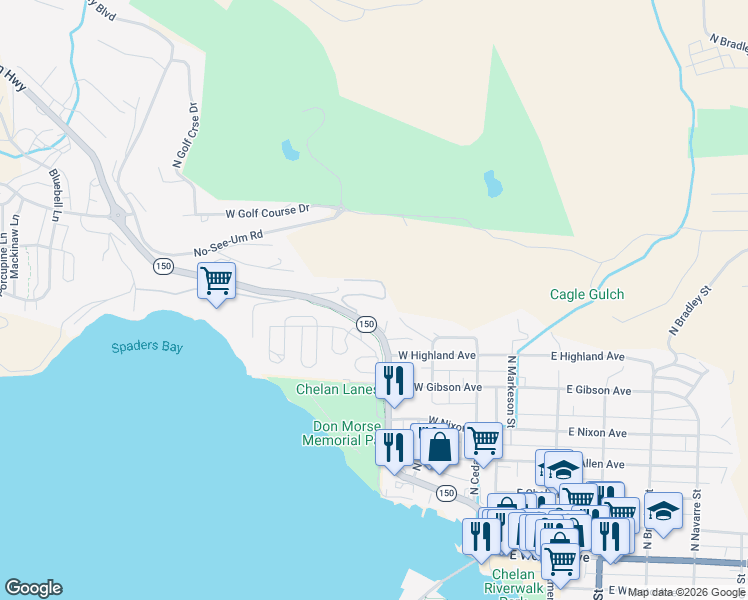map of restaurants, bars, coffee shops, grocery stores, and more near 806 Washington 150 in Chelan