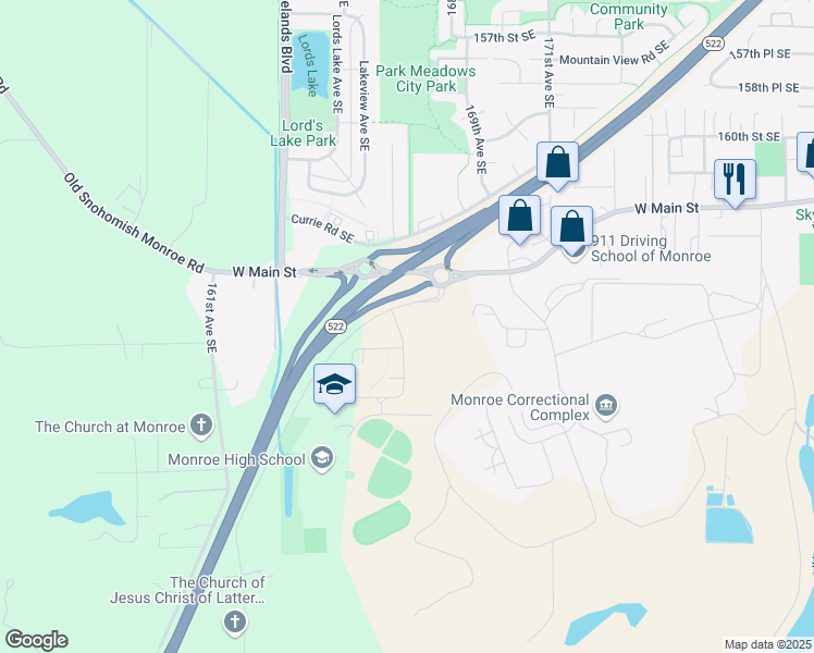 map of restaurants, bars, coffee shops, grocery stores, and more near 16887 167th Avenue Southeast in Monroe