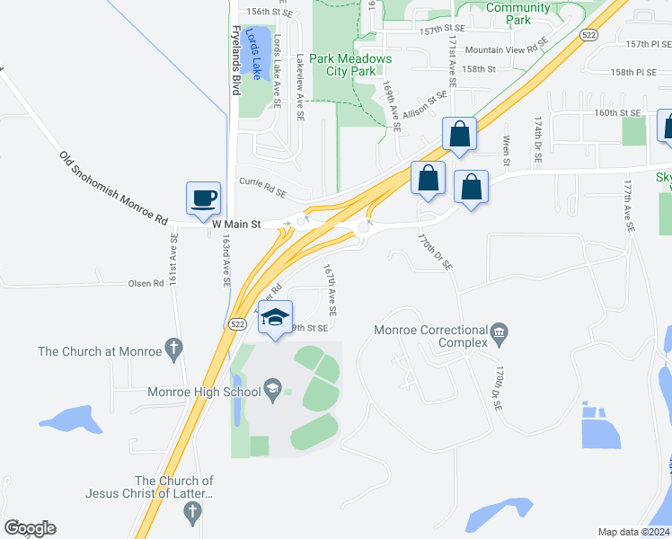 map of restaurants, bars, coffee shops, grocery stores, and more near 16651 167th Avenue Southeast in Monroe