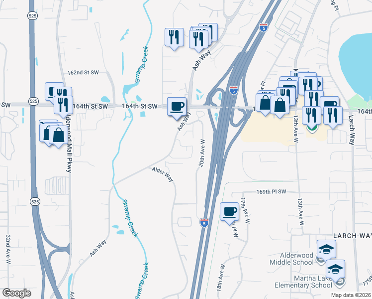 map of restaurants, bars, coffee shops, grocery stores, and more near 16605 Ash Way in Lynnwood
