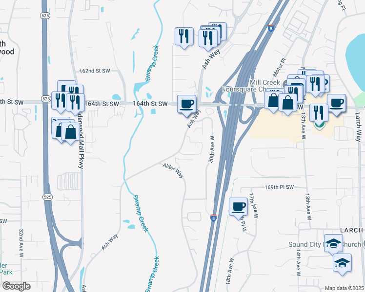 map of restaurants, bars, coffee shops, grocery stores, and more near 16617 Ash Way in Lynnwood