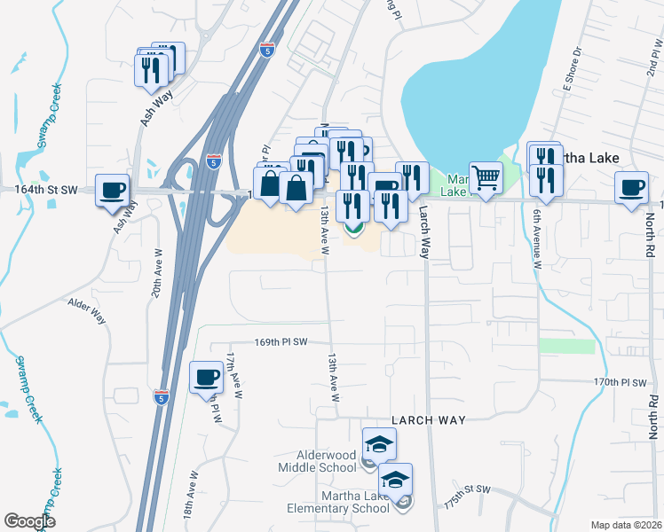map of restaurants, bars, coffee shops, grocery stores, and more near 1233 167th Place Southwest in Lynnwood