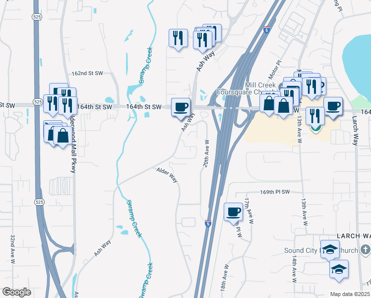 map of restaurants, bars, coffee shops, grocery stores, and more near 16617 Ash Way in Lynnwood