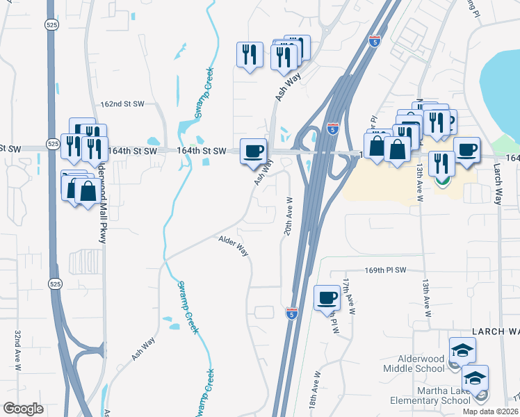 map of restaurants, bars, coffee shops, grocery stores, and more near 16617 Ash Way in Lynnwood