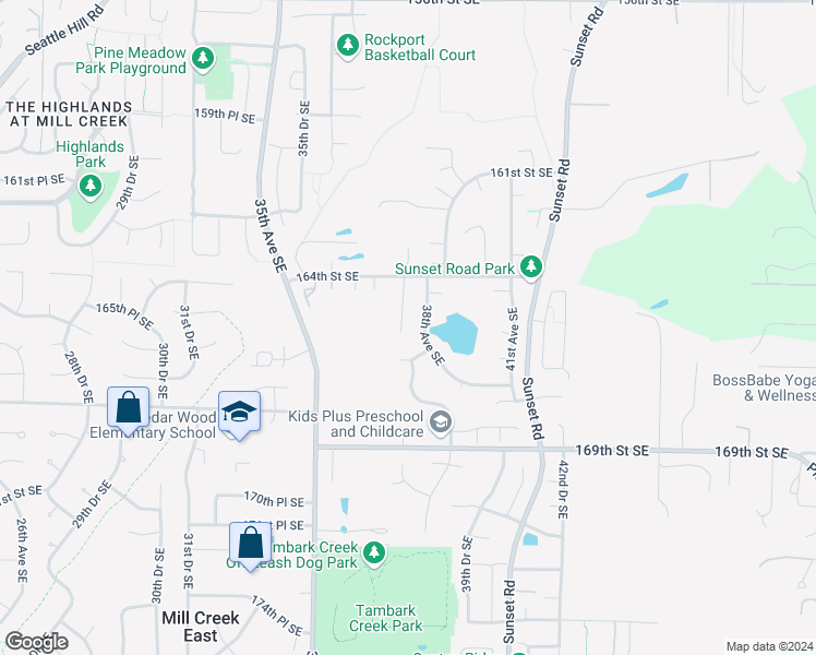 map of restaurants, bars, coffee shops, grocery stores, and more near 3715 166th Street Southeast in Bothell