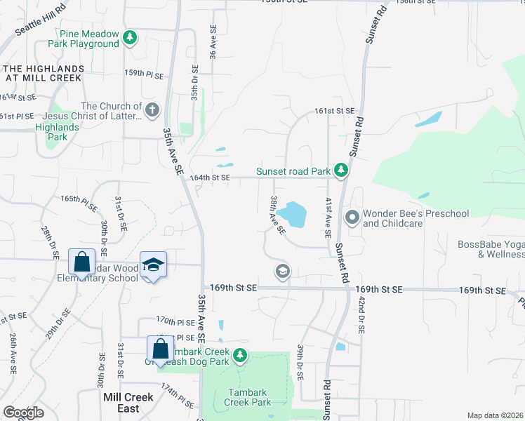 map of restaurants, bars, coffee shops, grocery stores, and more near 3715 166th Street Southeast in Bothell