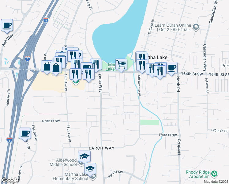 map of restaurants, bars, coffee shops, grocery stores, and more near 16619 Larch Way in Lynnwood
