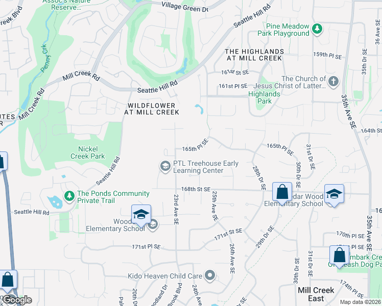 map of restaurants, bars, coffee shops, grocery stores, and more near 2404 166th Place Southeast in Bothell