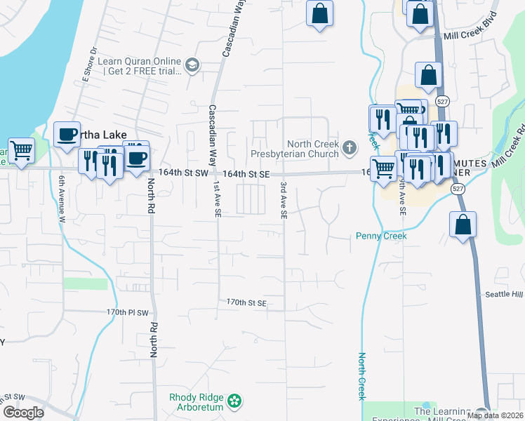 map of restaurants, bars, coffee shops, grocery stores, and more near 16418 2nd Park Southeast in Bothell