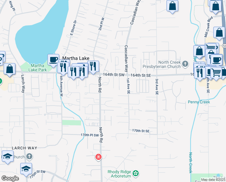 map of restaurants, bars, coffee shops, grocery stores, and more near 16433 Meridian Avenue South in Bothell