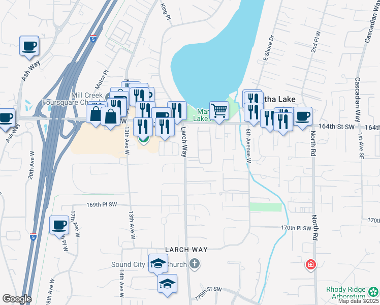 map of restaurants, bars, coffee shops, grocery stores, and more near 16520 Larch Way in Lynnwood