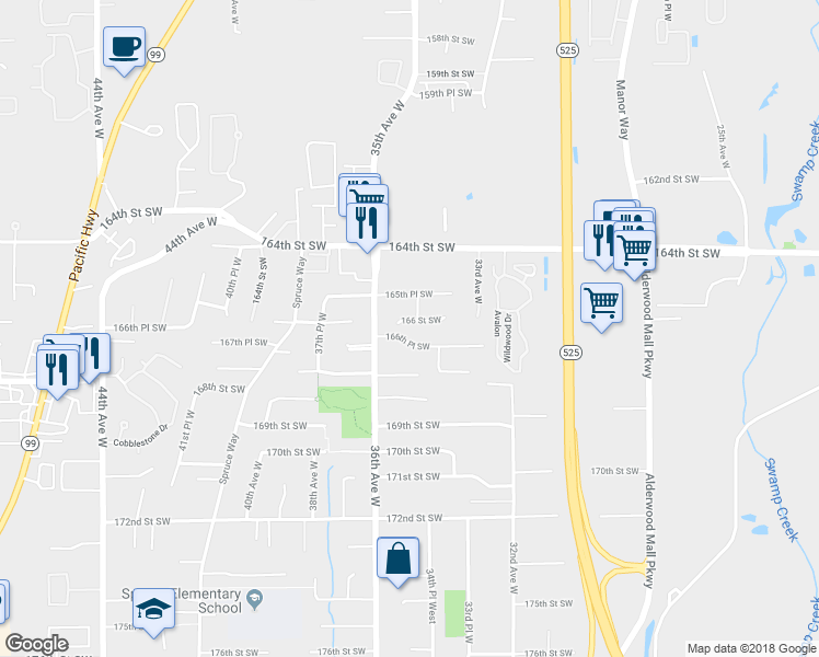 map of restaurants, bars, coffee shops, grocery stores, and more near 16521 35th Avenue West in Lynnwood