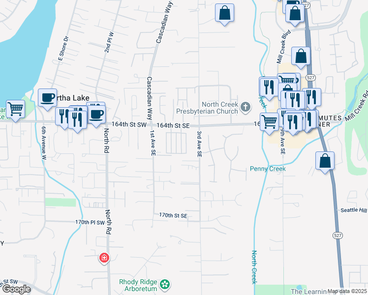 map of restaurants, bars, coffee shops, grocery stores, and more near 16516 2nd Park Southeast in Bothell