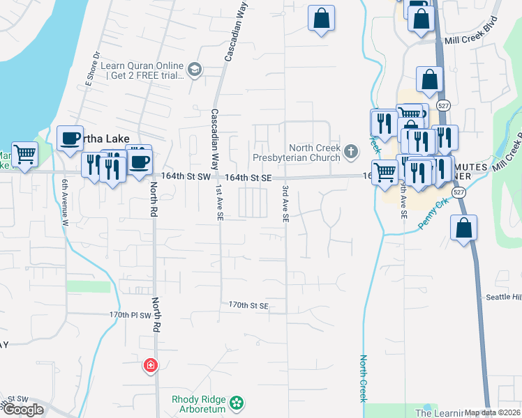 map of restaurants, bars, coffee shops, grocery stores, and more near 16516 2nd Park Southeast in Bothell