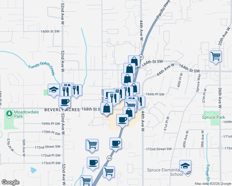 map of restaurants, bars, coffee shops, grocery stores, and more near 16611 48th Avenue West in Edmonds