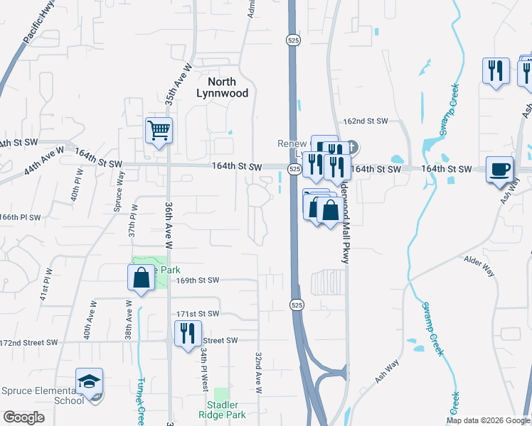 map of restaurants, bars, coffee shops, grocery stores, and more near 3116 164th Street Southwest in Lynnwood