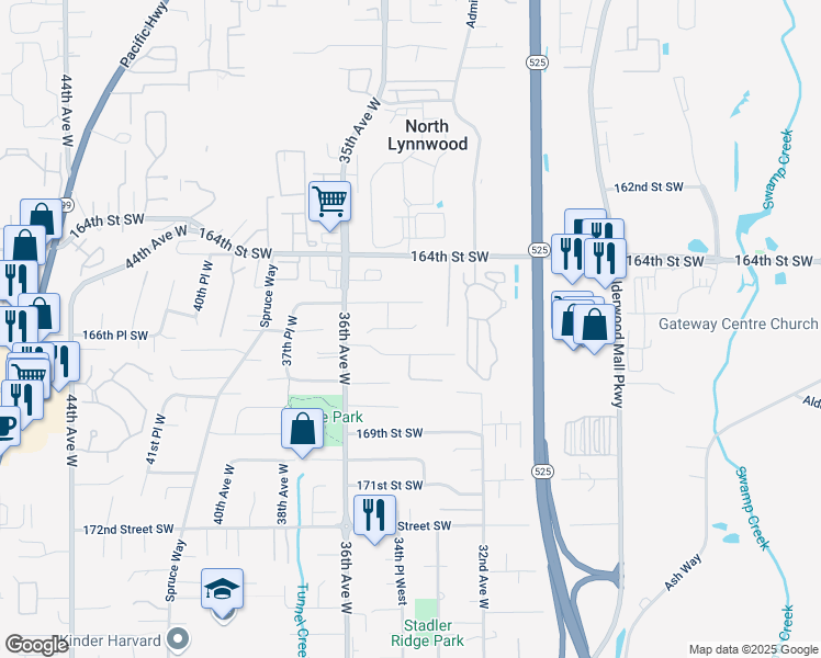 map of restaurants, bars, coffee shops, grocery stores, and more near 16521 35th Avenue West in Lynnwood