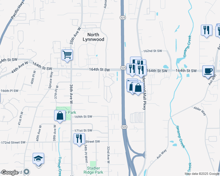 map of restaurants, bars, coffee shops, grocery stores, and more near 3116 164th Street Southwest in Lynnwood