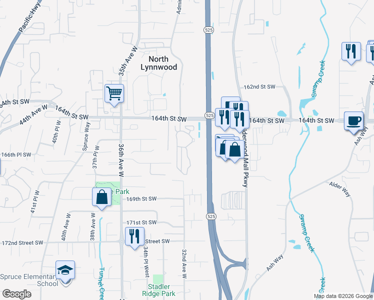 map of restaurants, bars, coffee shops, grocery stores, and more near 3116 164th Street Southwest in Lynnwood