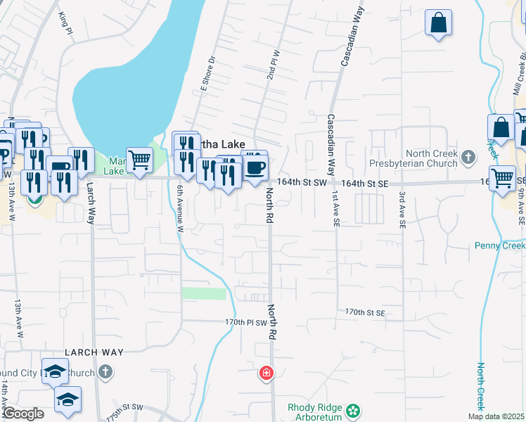 map of restaurants, bars, coffee shops, grocery stores, and more near 16520 North Road in Bothell