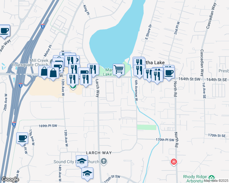 map of restaurants, bars, coffee shops, grocery stores, and more near 16506 7th Place West in Lynnwood