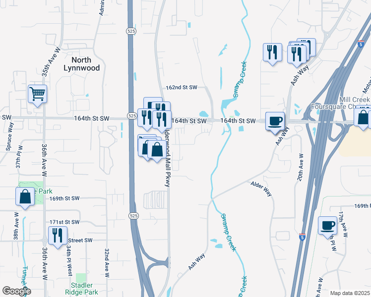 map of restaurants, bars, coffee shops, grocery stores, and more near 16533 Alderwood Mall Parkway in Lynnwood