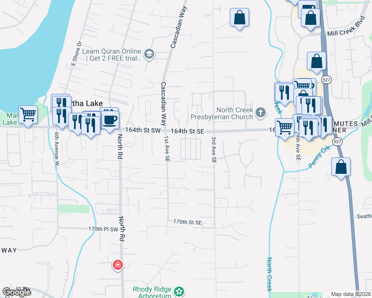 map of restaurants, bars, coffee shops, grocery stores, and more near 16420 1st Park Southeast in Bothell