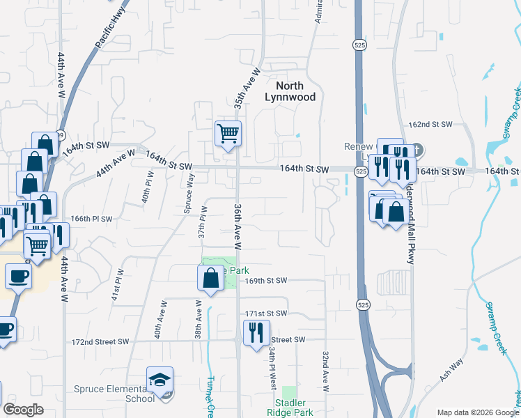 map of restaurants, bars, coffee shops, grocery stores, and more near 3501 166 Street Southwest in Lynnwood