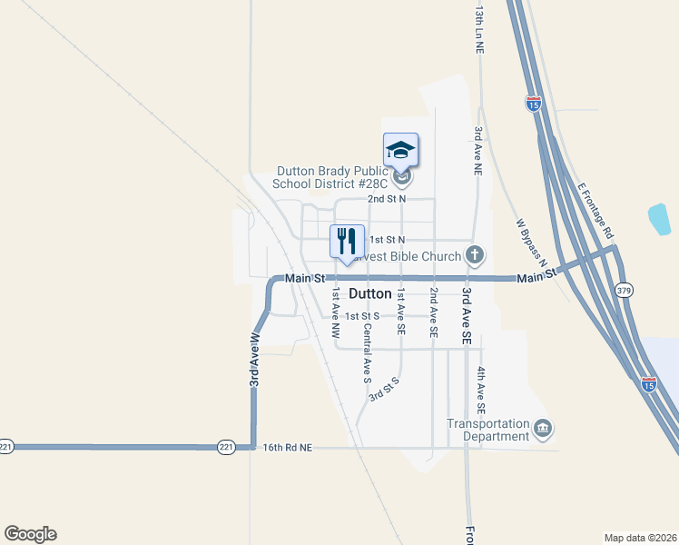 map of restaurants, bars, coffee shops, grocery stores, and more near 17 Main Street in Dutton