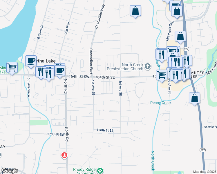 map of restaurants, bars, coffee shops, grocery stores, and more near 16428 2nd Drive Southeast in Bothell
