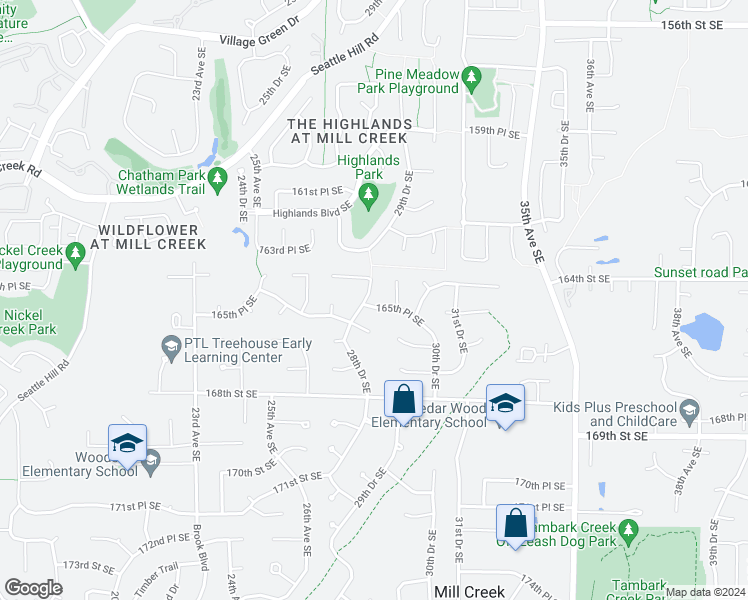 map of restaurants, bars, coffee shops, grocery stores, and more near 2825 165th Place Southeast in Bothell