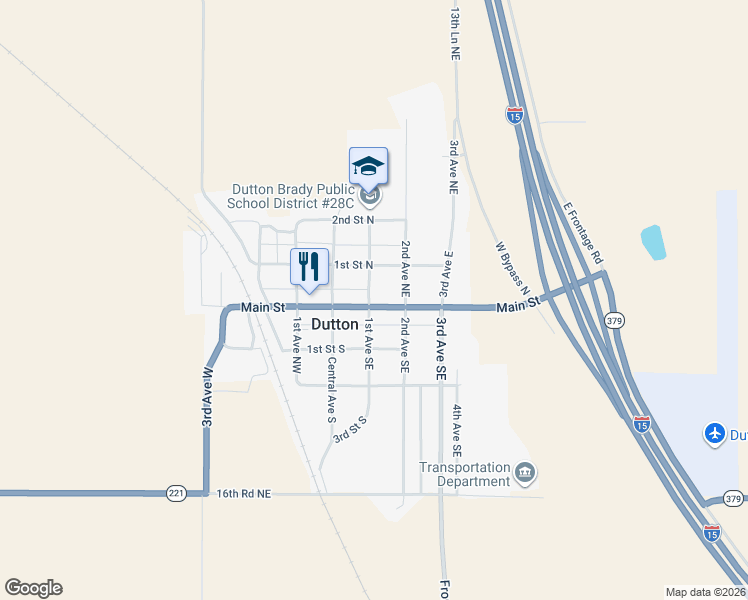 map of restaurants, bars, coffee shops, grocery stores, and more near 13-23 1st Avenue Northeast in Dutton