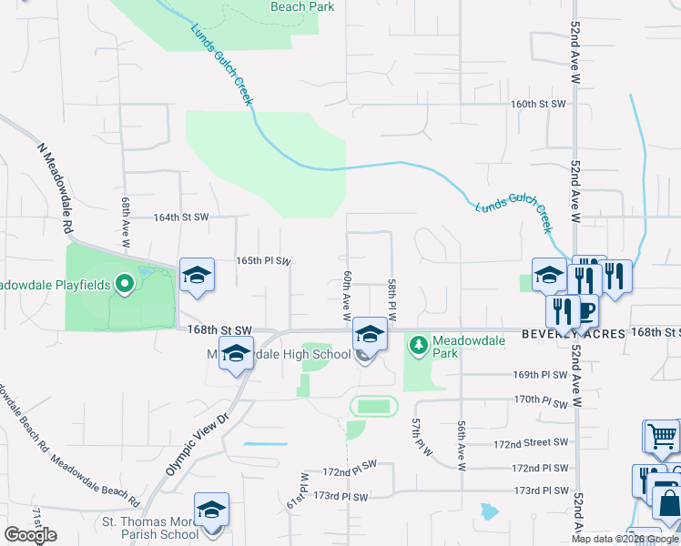 map of restaurants, bars, coffee shops, grocery stores, and more near 16606 60th Avenue West in Lynnwood