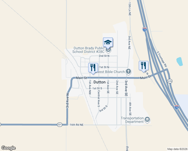 map of restaurants, bars, coffee shops, grocery stores, and more near 17 Main Street in Dutton