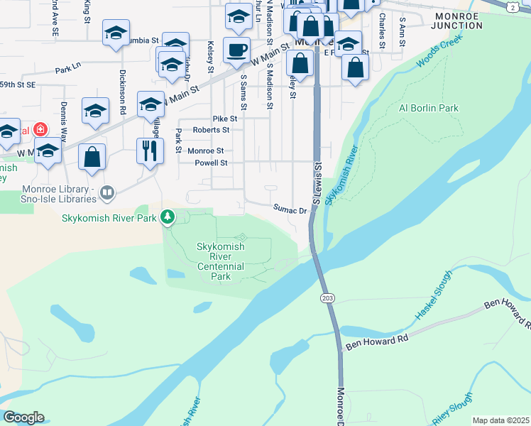 map of restaurants, bars, coffee shops, grocery stores, and more near 242 Sumac Drive in Monroe
