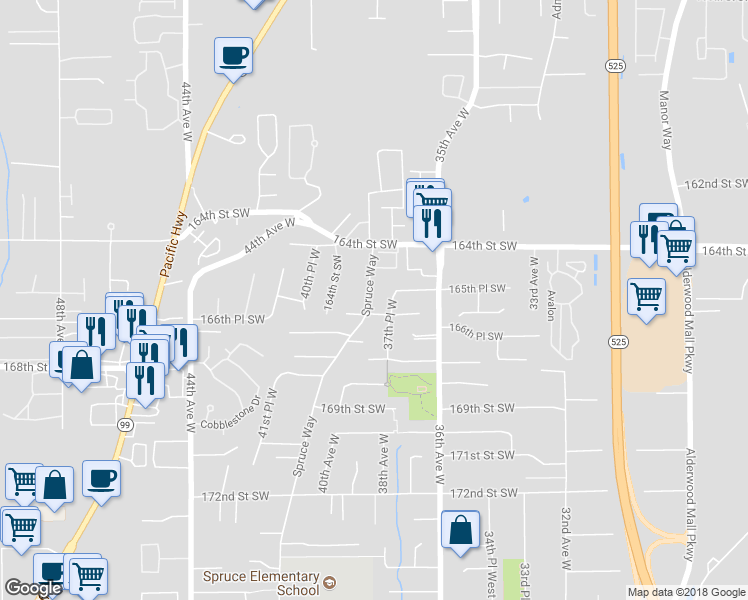 map of restaurants, bars, coffee shops, grocery stores, and more near 16525 Spruce Way in Lynnwood