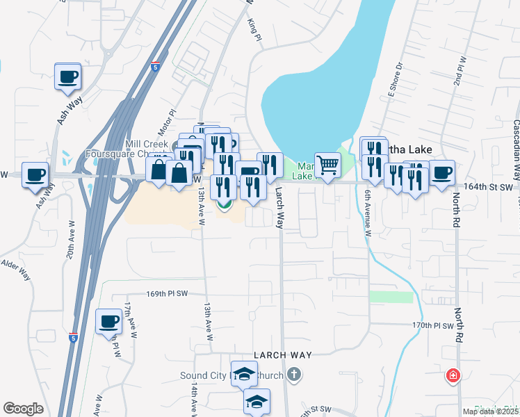 map of restaurants, bars, coffee shops, grocery stores, and more near 1120 164th Street Southwest in Lynnwood