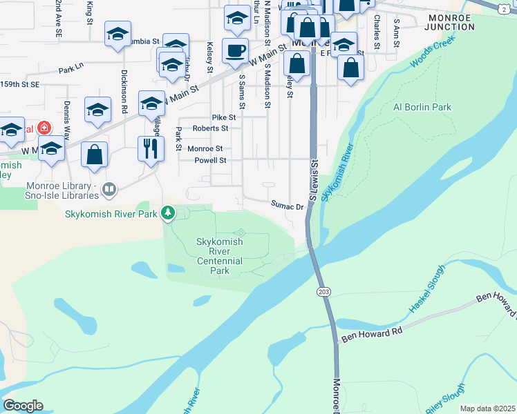 map of restaurants, bars, coffee shops, grocery stores, and more near 242 Sumac Drive in Monroe
