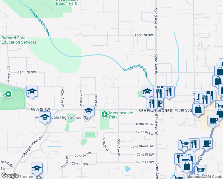 map of restaurants, bars, coffee shops, grocery stores, and more near 5622 Hillpointe Circle in Lynnwood