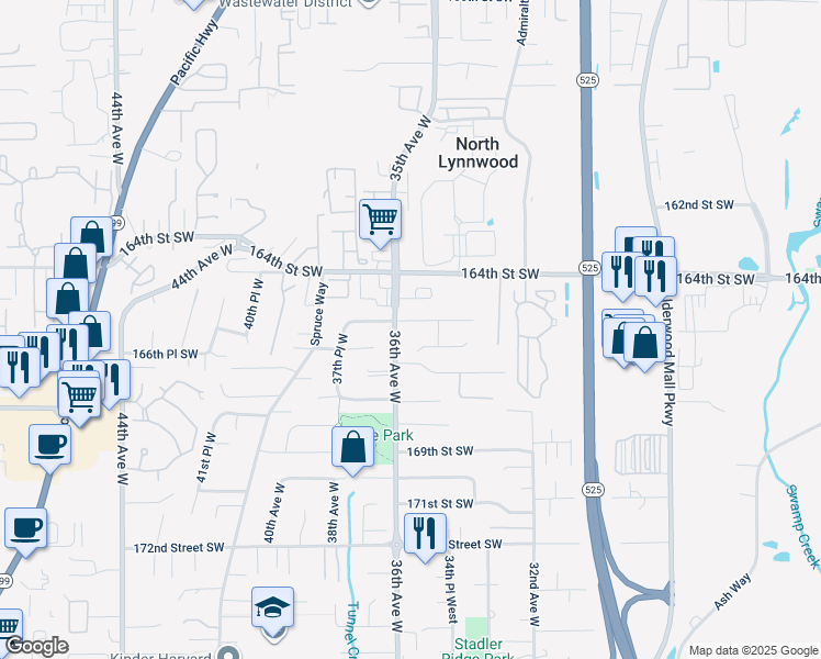 map of restaurants, bars, coffee shops, grocery stores, and more near 3516 165th Pl SW in Lynnwood
